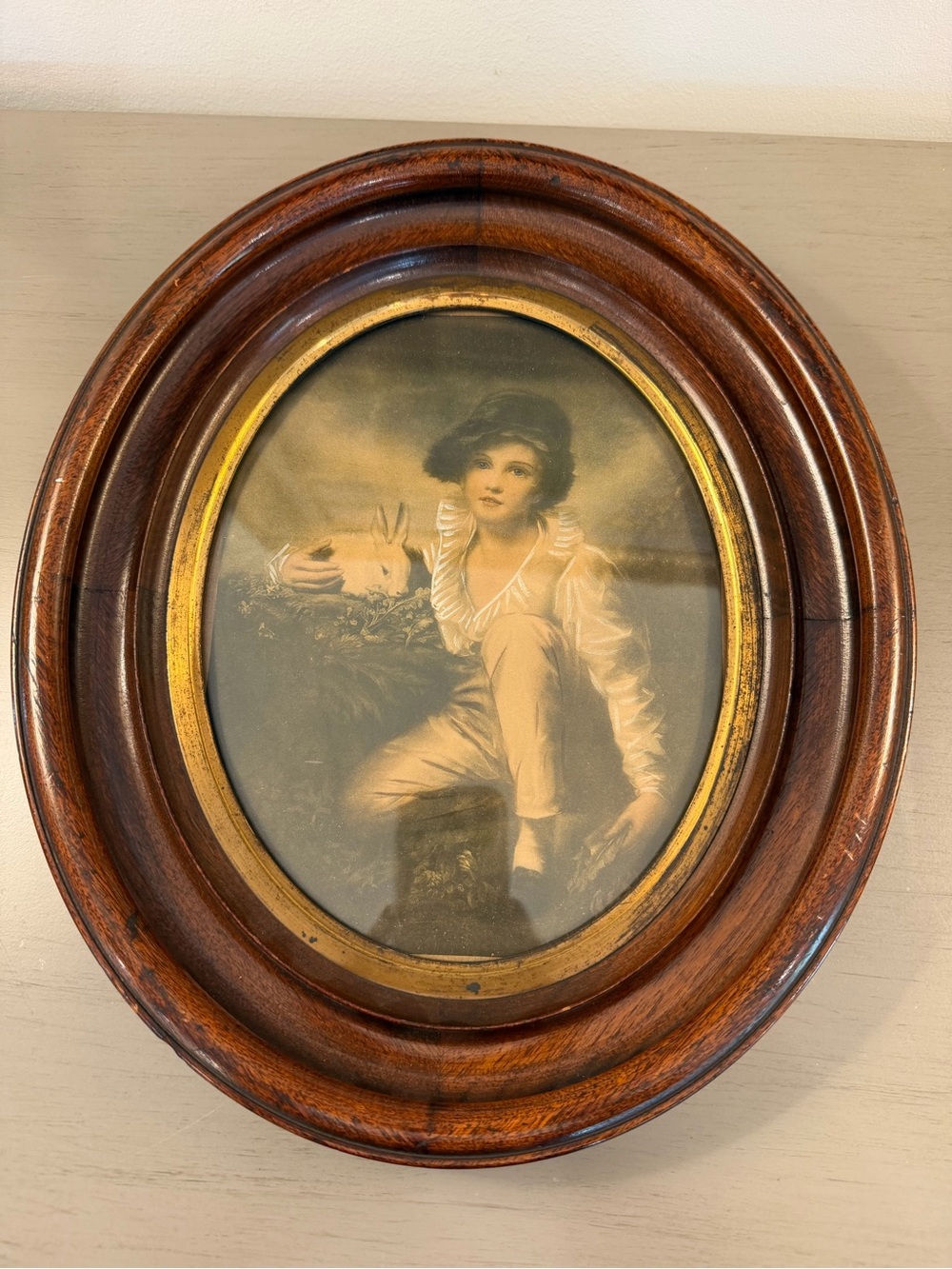 Antique Victorian Oval Picture Frame Portrait Boy & Rabbit Sir Henry Raeburn